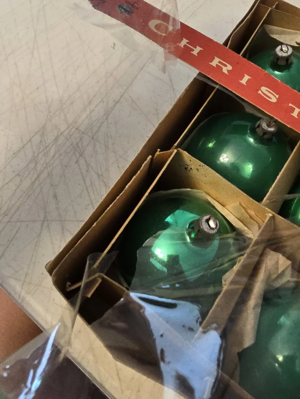 Vintage  Box Of 9 Green Glass  Round Poland Christmas Tree Ornaments READ